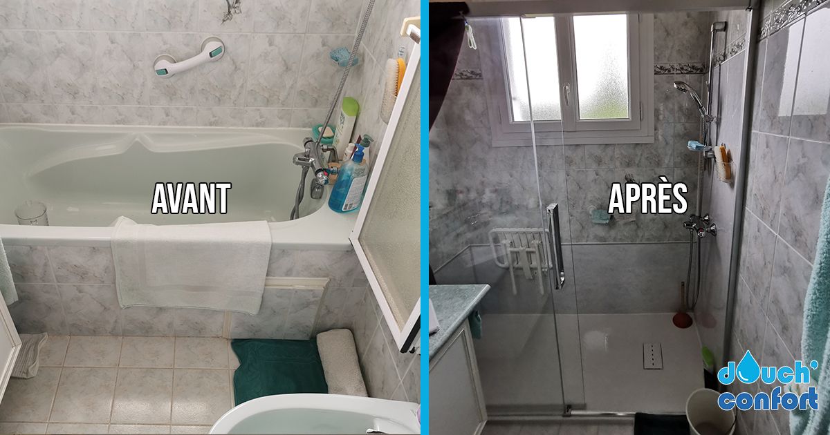 Avant et après : Baignoire remplacée par une douche avec siège rabattable et paroi en verre, Douch' Confort Limoges