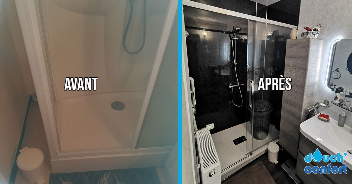 Avant et après : Petite cabine de douche remplacée par une grande douche avec parois en verre et meuble vasque, Douch' Confort Limoges